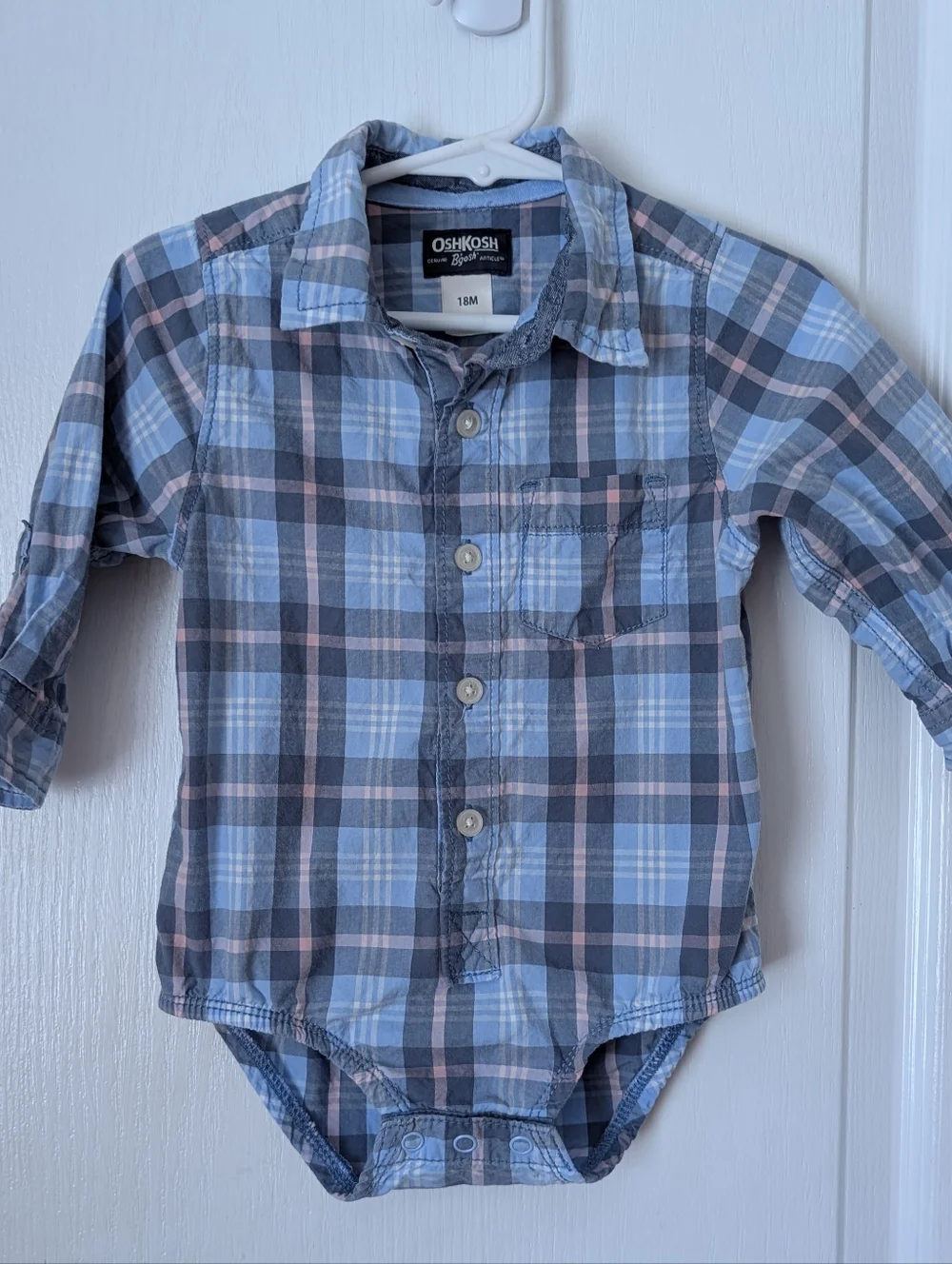 OshKosh B'gosh Blue Plaid Collared Cotton Bodysuit. Size 18 Month